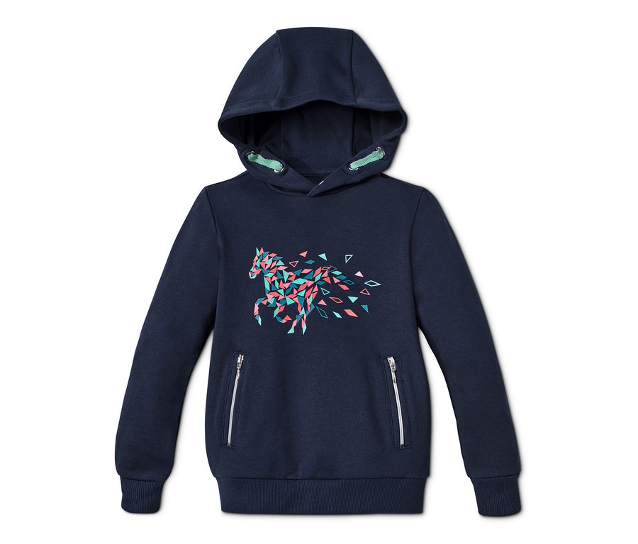 Dunkelblaues Kapuzen-Sweatshirt mit geometrischem Pferdemotiv.