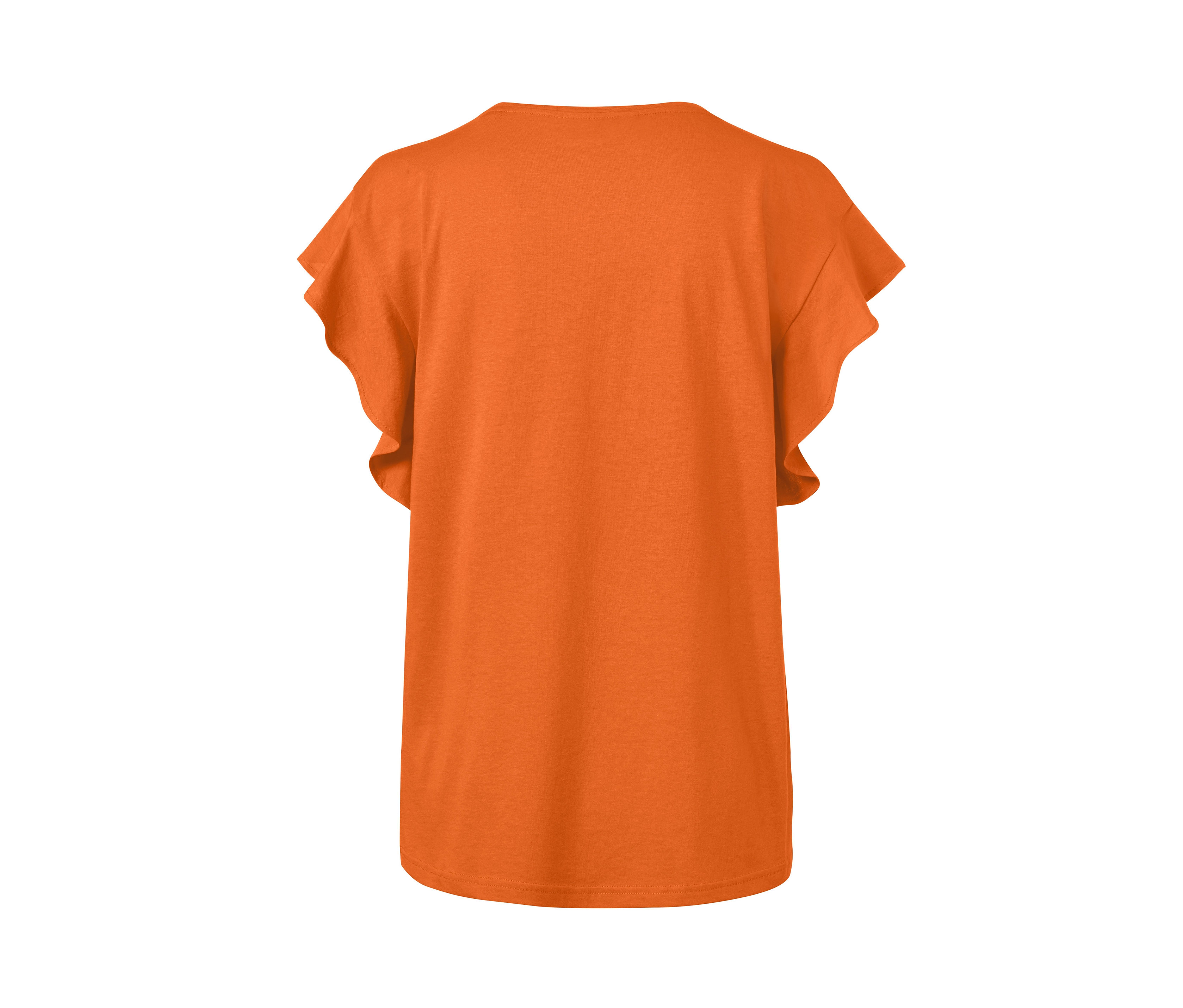 Shirt Damen günstig Kaufen-Tchibo - Shirt mit Volant - Damen - Gr. L - orange. Tchibo - Shirt mit Volant - Damen - Gr. L - orange <![CDATA[Shirt mit Volant, orange Farbe: Orange Material: 50% Baumwolle (aus ökologischem Anbau), 50% Viskose (von Lenzing) Maße: Gesamtlänge ca. 66 cm 