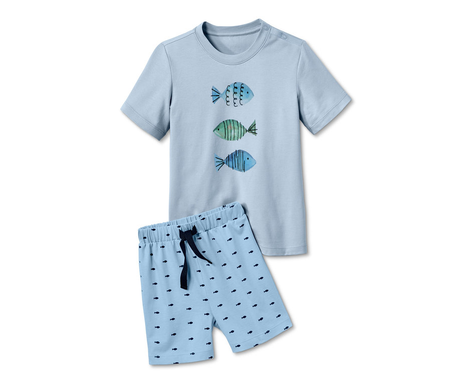 Ein hellblauer 2 Baumwoll Shorty-Pyjama mit Fischmuster.