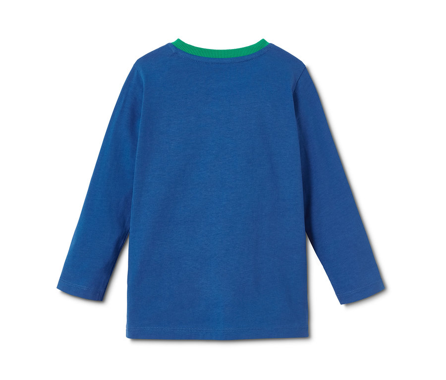 Blaues Langarmshirt mit grünem Kragen.