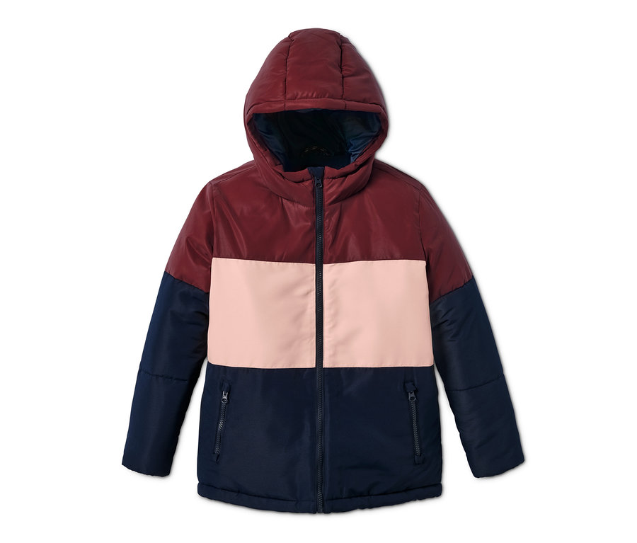Thermojacke im Colorblocking-Design mit Kapuze in Burgunderrot, Rosa und Dunkelblau.