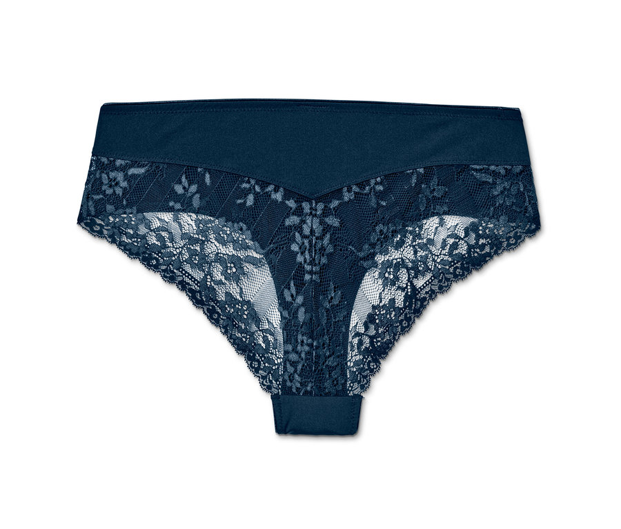 Nahaufnahme eines einzelnen Brazilslips aus einem 5er-Set mit marineblauem Bund und Blumenspitze.