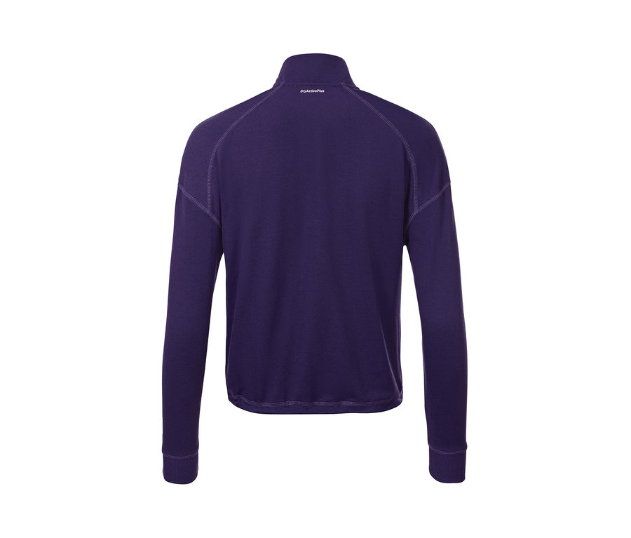 Rückansicht eines violetten Cropped-Fitness-Longsleeves.