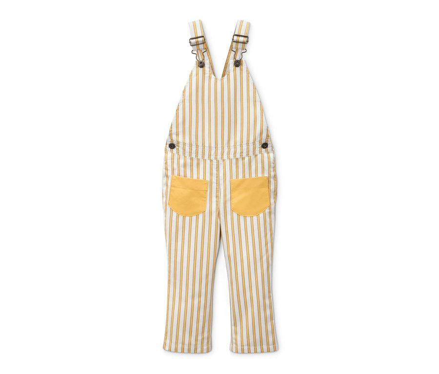 Eine Latzhose mit gelben und weißen Streifen und gelben Taschen.