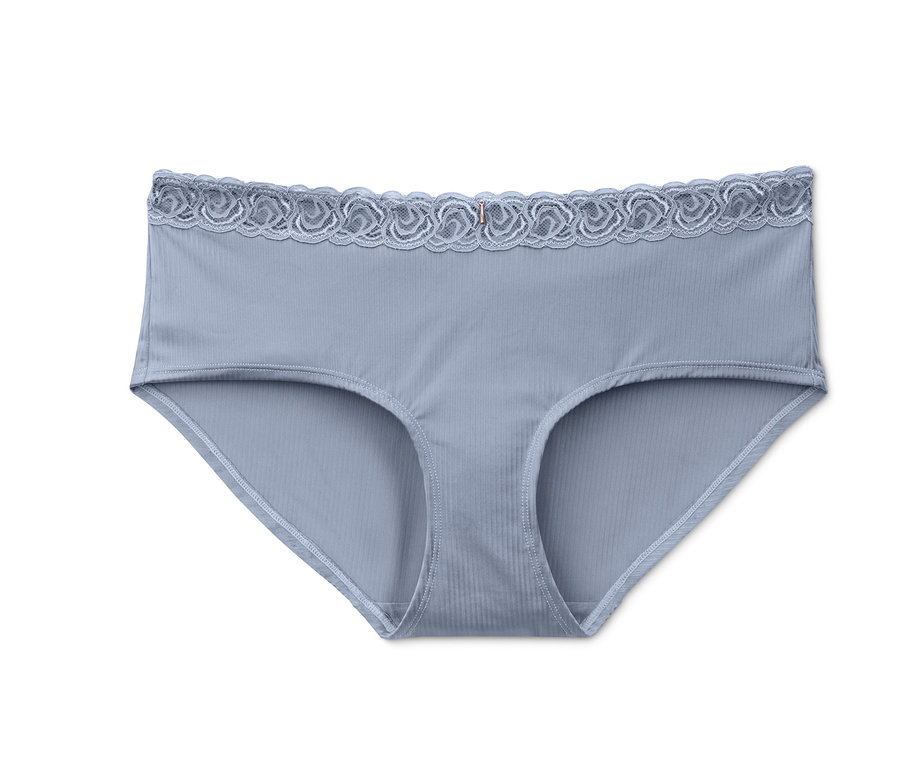 Eine einzelne blaue Panty mit Spitze. 3 Pantys