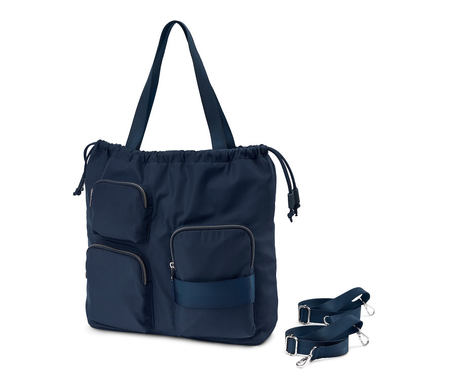 Blauer Rucksack mit Außentaschen und Trägern.