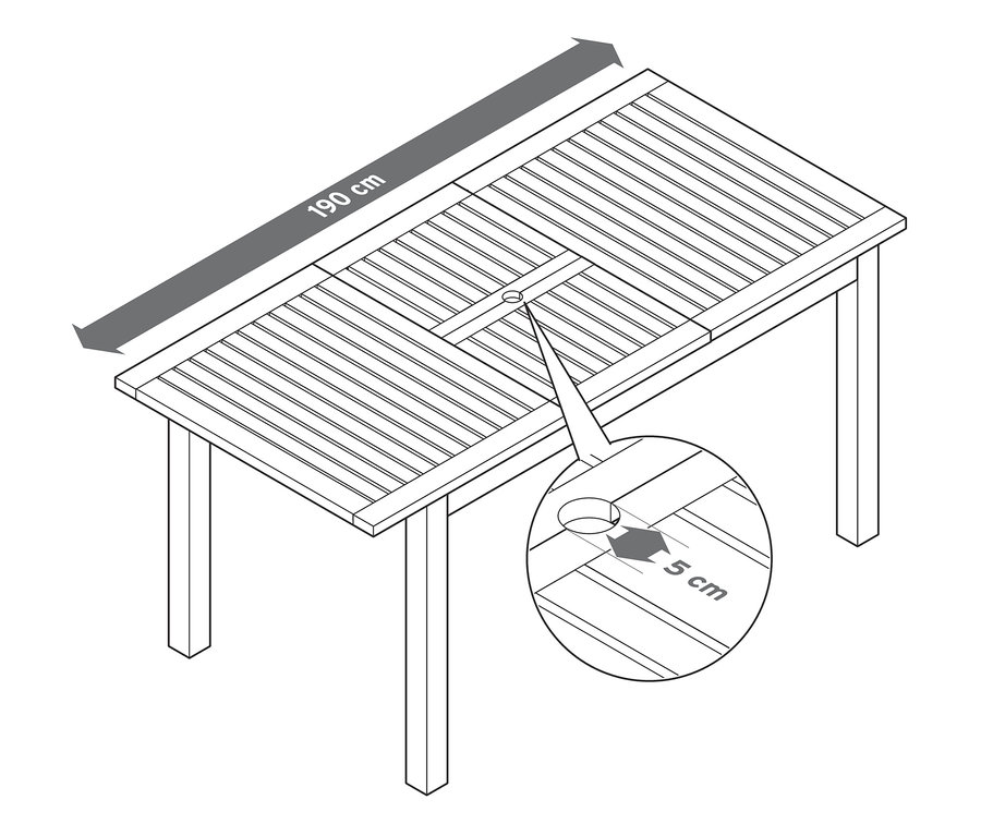 Illustration eines Ausziehtischs »Leira« mit Sonnenschirm-Aussparung, Maße 190 cm und 5 cm.