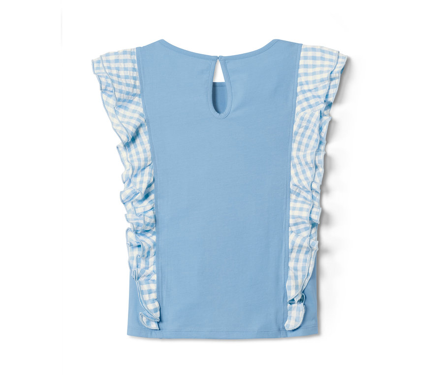 Blaues Shirt aus Bio-Baumwolle mit karierten Rüschen an den Schultern.