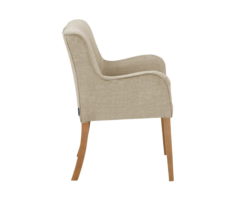 Seitenansicht von beigem Polsterstuhl »Leopold« mit Armlehne.