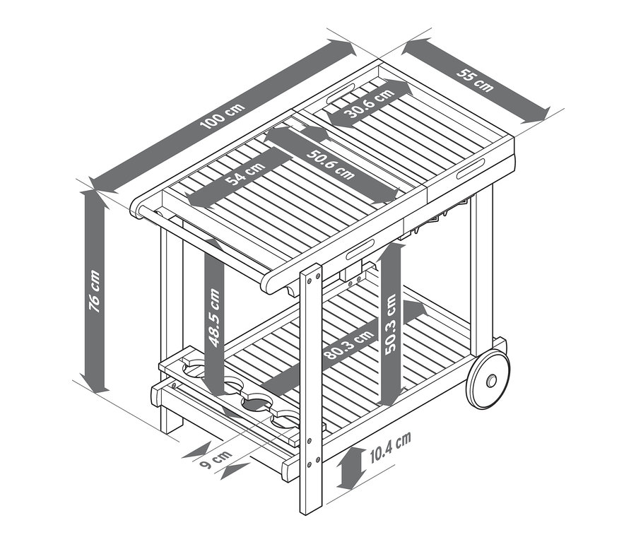 Diagramm eines Grillwagens »Lenja« mit 2 Tabletts mit hervorgehobenen Abmessungen.