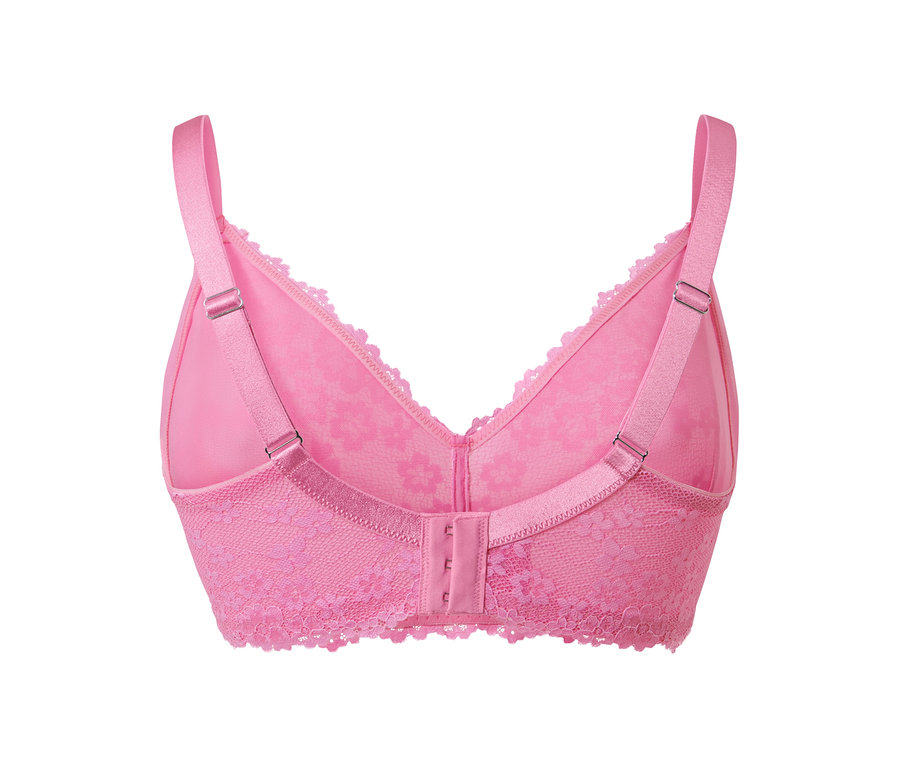 Detailaufnahme eines rosafarbenen Soft-BHs mit Spitze, Rückansicht.