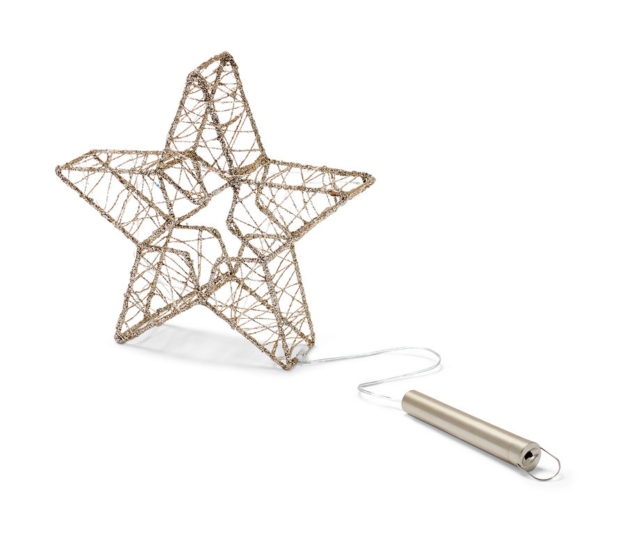 Ein goldener LED-Stern mit Drahtrahmen und Batteriepack auf weißem Hintergrund.