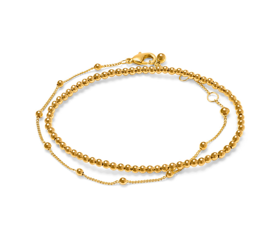 Zwei goldene Armband-Sets »Happy« auf weißem Hintergrund.