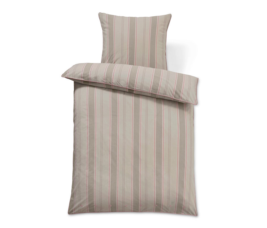 Draufsicht auf Premium-Baumwollbettwäsche mit Streifen in Beige und Rosa. Das Set beinhaltet einen Kissenbezug und einen Bettbezug.