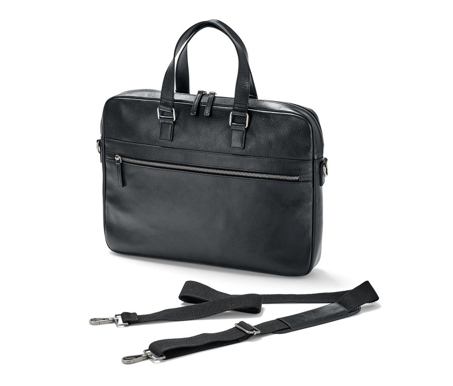 Schwarze Leder-Aktentasche mit abnehmbarem Riemen.