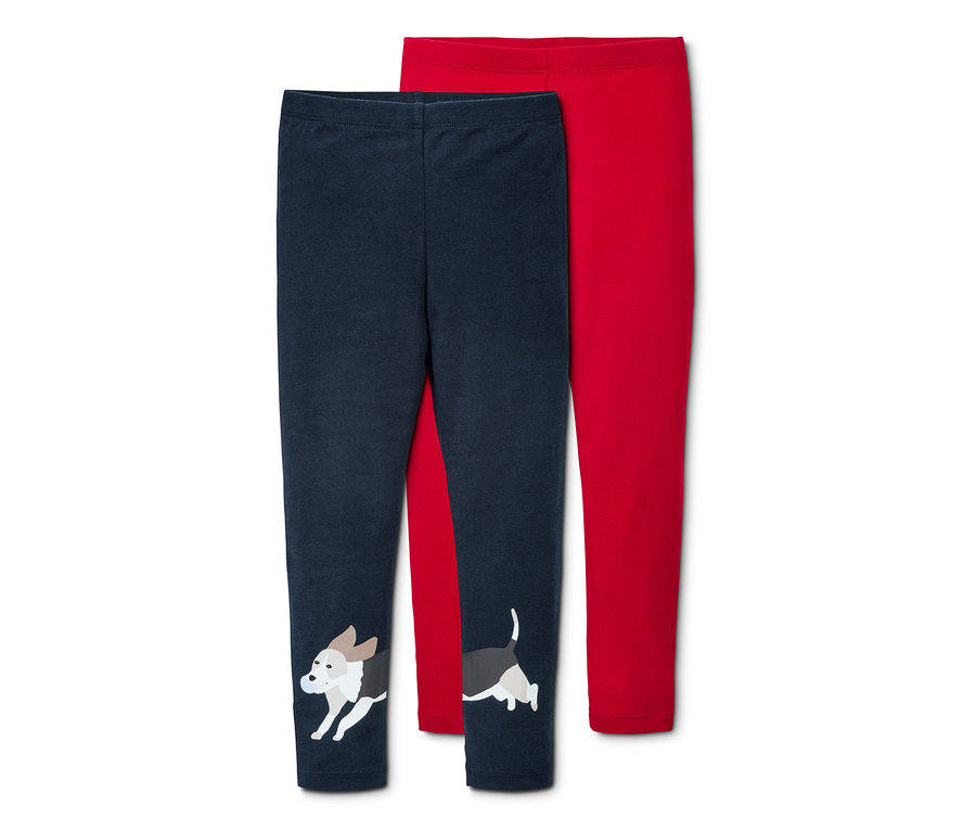 Zwei Leggings: eine dunkelblaue mit Hundemotiv, eine rote.