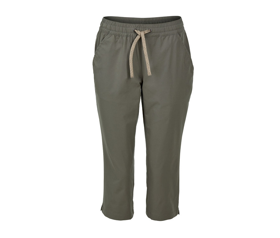 Khakifarbene Softshell-Funktionscapri mit beiger Kordel am Bund.