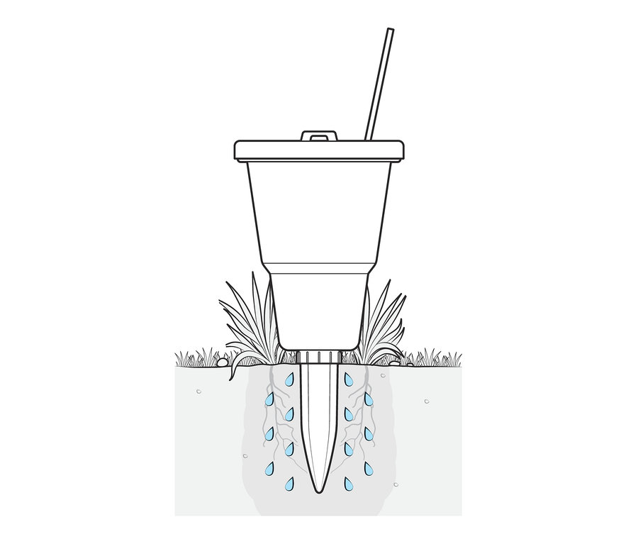Illustration von einem Aqua-Pot, 2er-Set, das in der Erde neben einer Pflanze steckt.