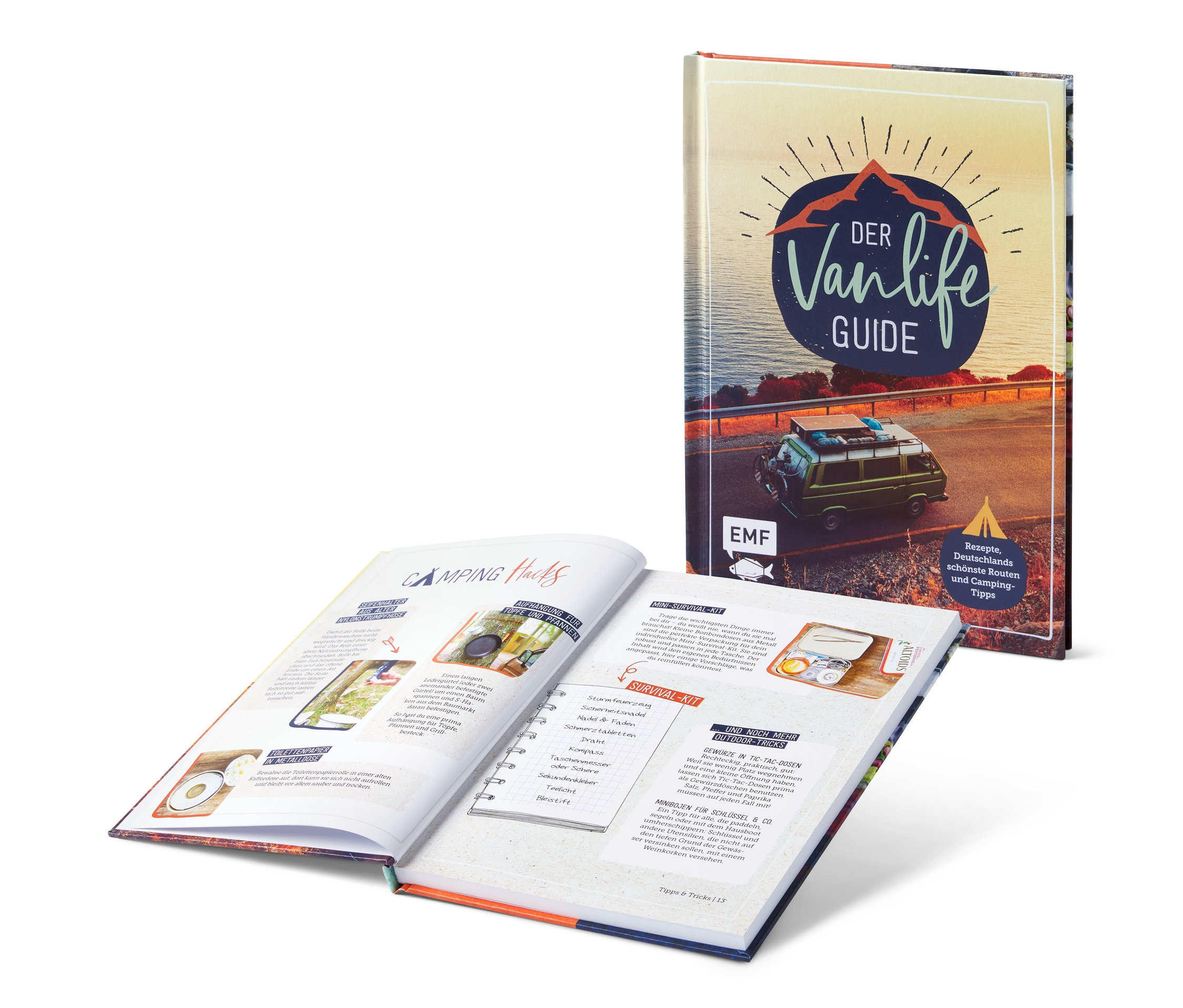 Zwei Ausgaben des „Der Van-Life-Guide“-Buchs, eine offen und eine geschlossen.