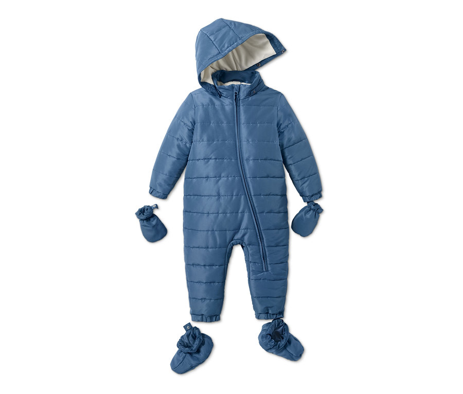 Blauer Baby-Winteroverall mit Kapuze, Handschuhen und Füßlingen.