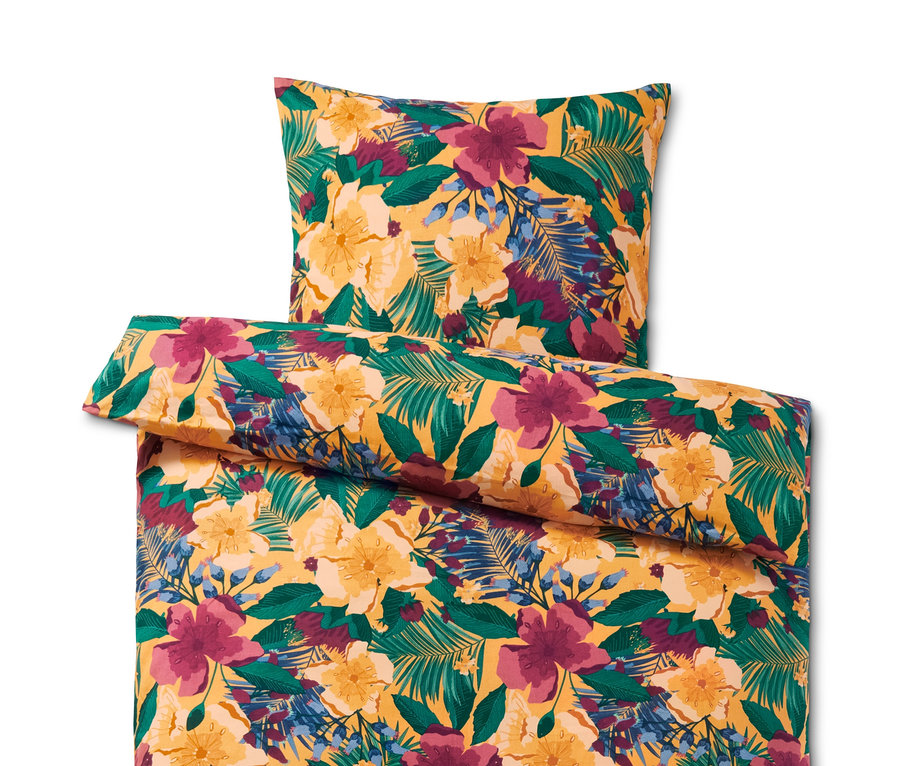 Gelbe Biber-Bettwäsche in Normalgröße mit tropischem Blatt- und Blumenmuster.