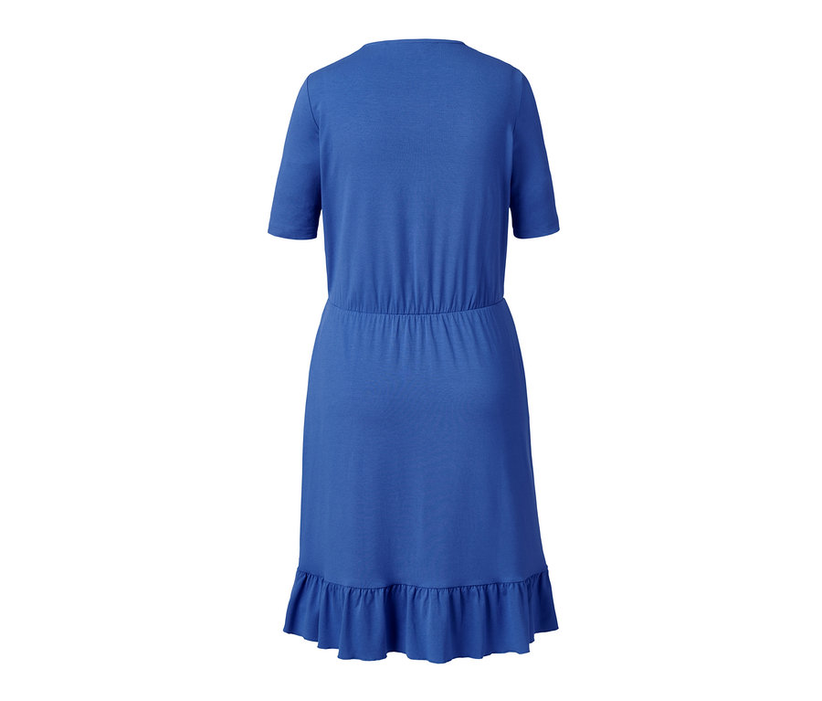 Blaues Jerseykleid in Wickeloptik mit kurzen Ärmeln und Rüschen am Saum.