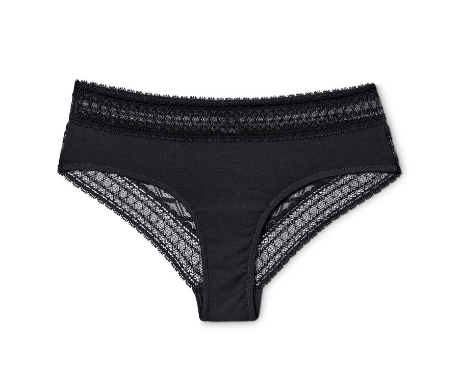 Ein einzelner schwarzer Brazilslip mit Spitze.