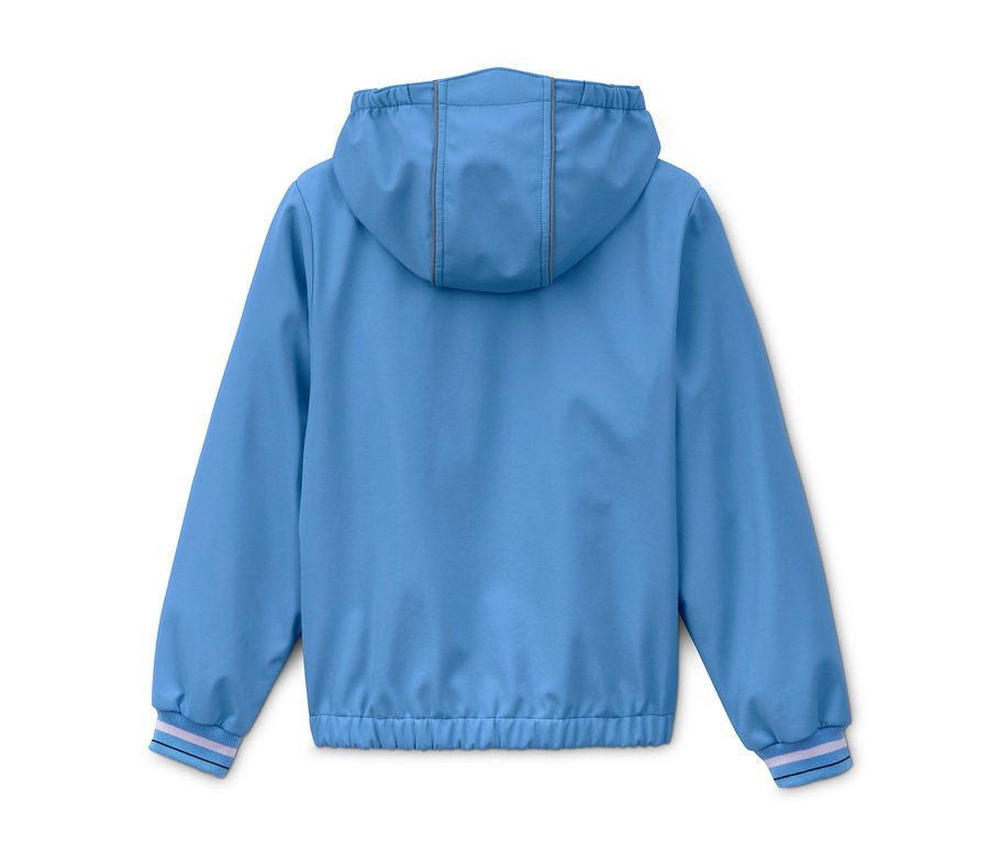 Hellblaue Softshelljacke mit Kapuze aus recyceltem Material, Rückansicht.