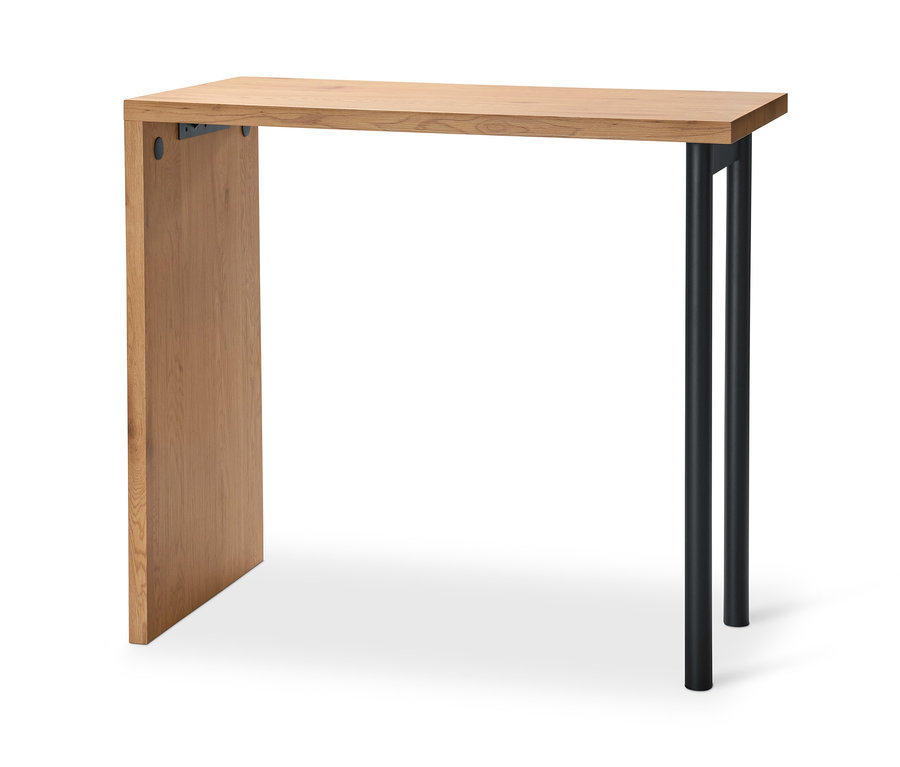 Designer Bartisch »Budgie« mit Naturholzplatte und zwei schwarzen Beinen.