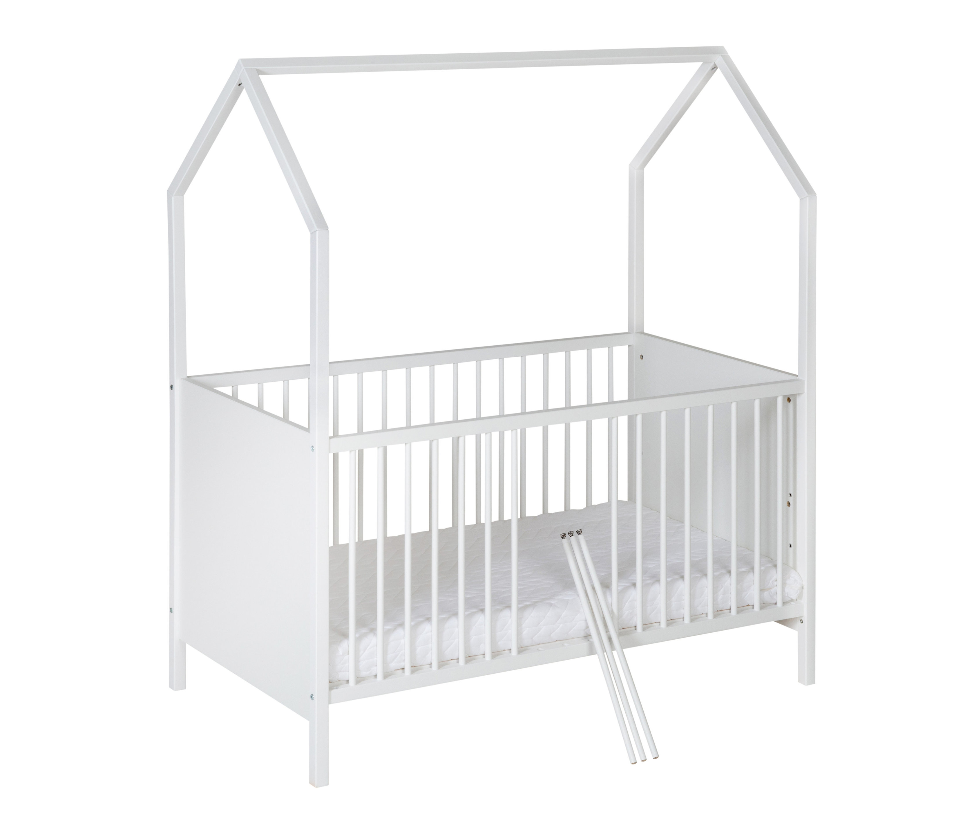 Weißes Schardt Hausbett »Venice« mit Hausrahmen und weißer Matratze.