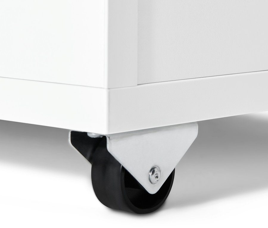 Detailansicht einer weißen Sitzbank mit Stauraum-Box, die ein Rad zeigt.