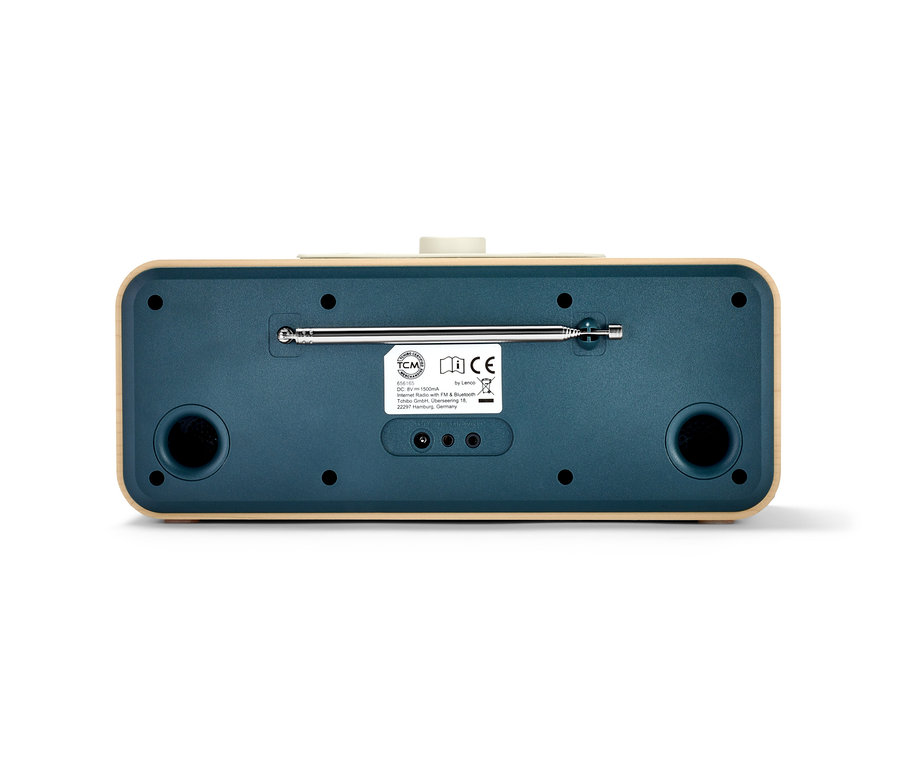 Rückseite eines hellbraunen WLAN-Internetradios mit Farbdisplay.