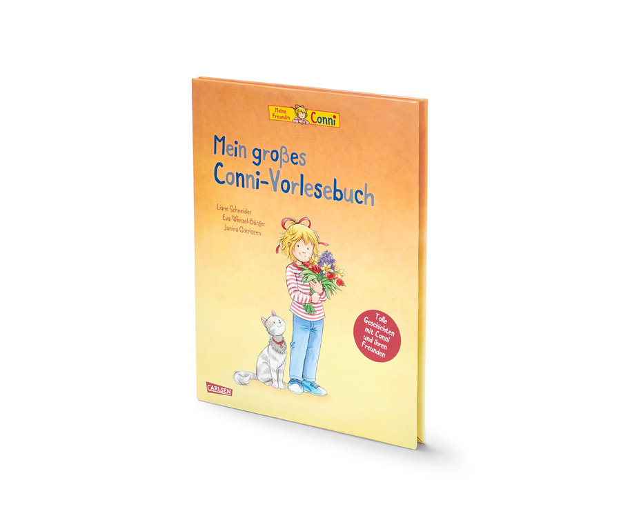 Cover des Buches »Mein großes Conni-Vorlesebuch« mit Illustration von Conni, Katze und Blumenstrauß.