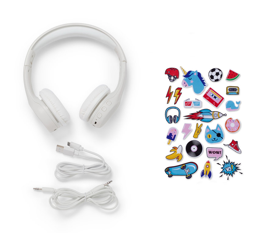 Weißer kabelloser Bluetooth®-Kopfhörer für Kinder und Aufkleber-Set.