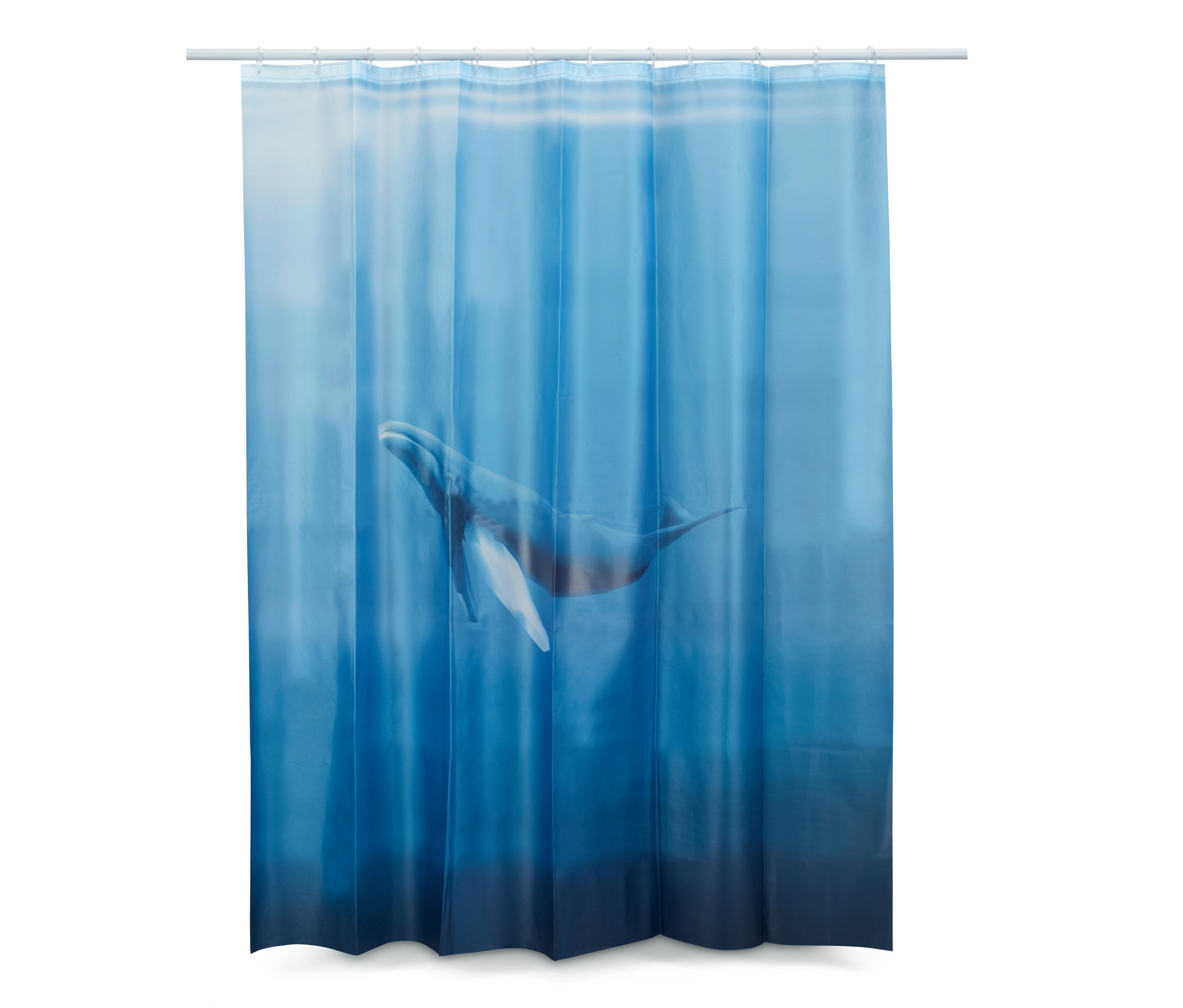 Blauer hochwertiger Duschvorhang mit Wal-Motiv.