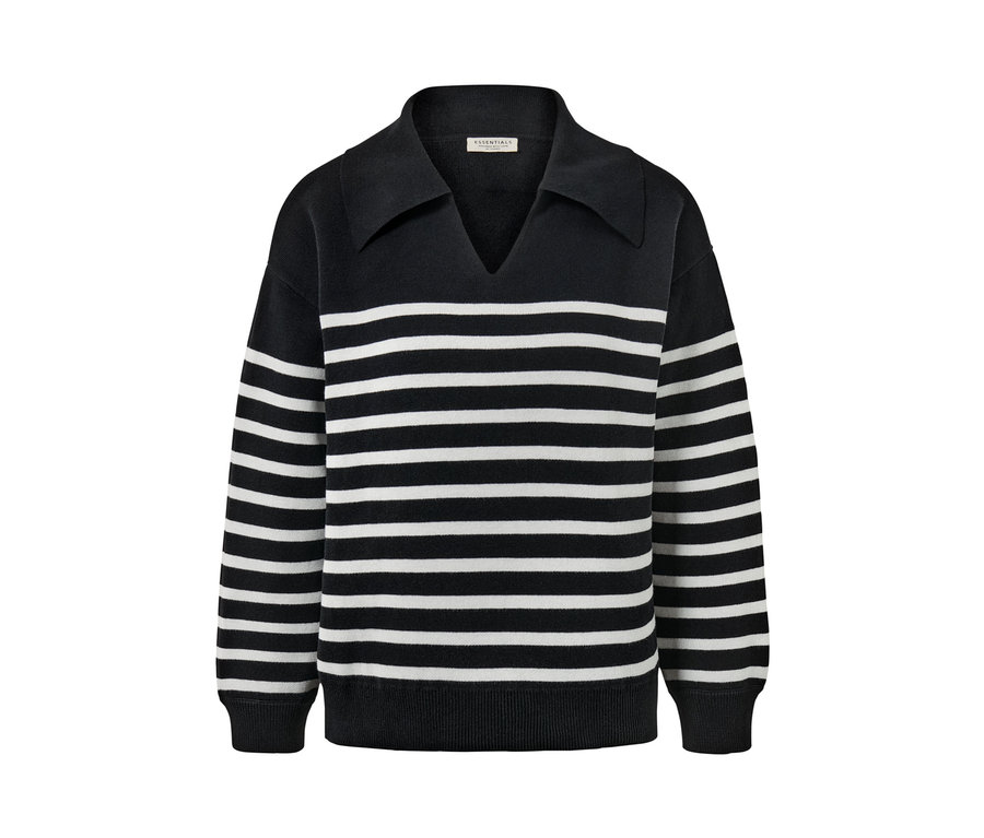 Schwarz-weißer Pullover mit Streifen und Kragen.