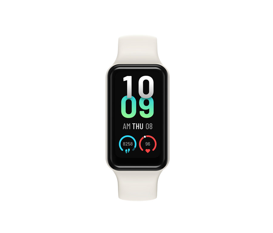 Nahaufnahme des cremefarbenen Amazfit Band 7 Aktivitätstrackers mit der Anzeige der Uhrzeit 10:09, Datum DO 08, Schritte 8258 und Herzfrequenz 96.