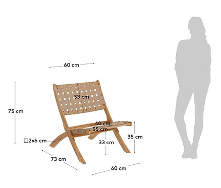 Abmessungen eines zusammenklappbaren Loungesessels dargestellt auf weißem Hintergrund.