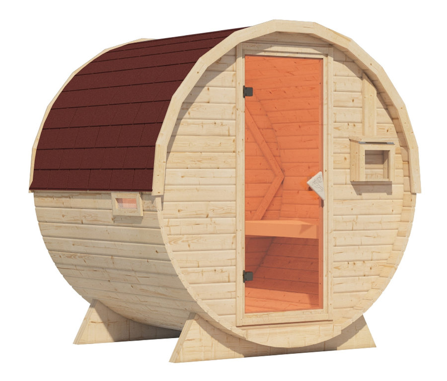 Illustration einer Karibu Fasssauna "Nadi 1" mit braunem Dach und Holzwänden.