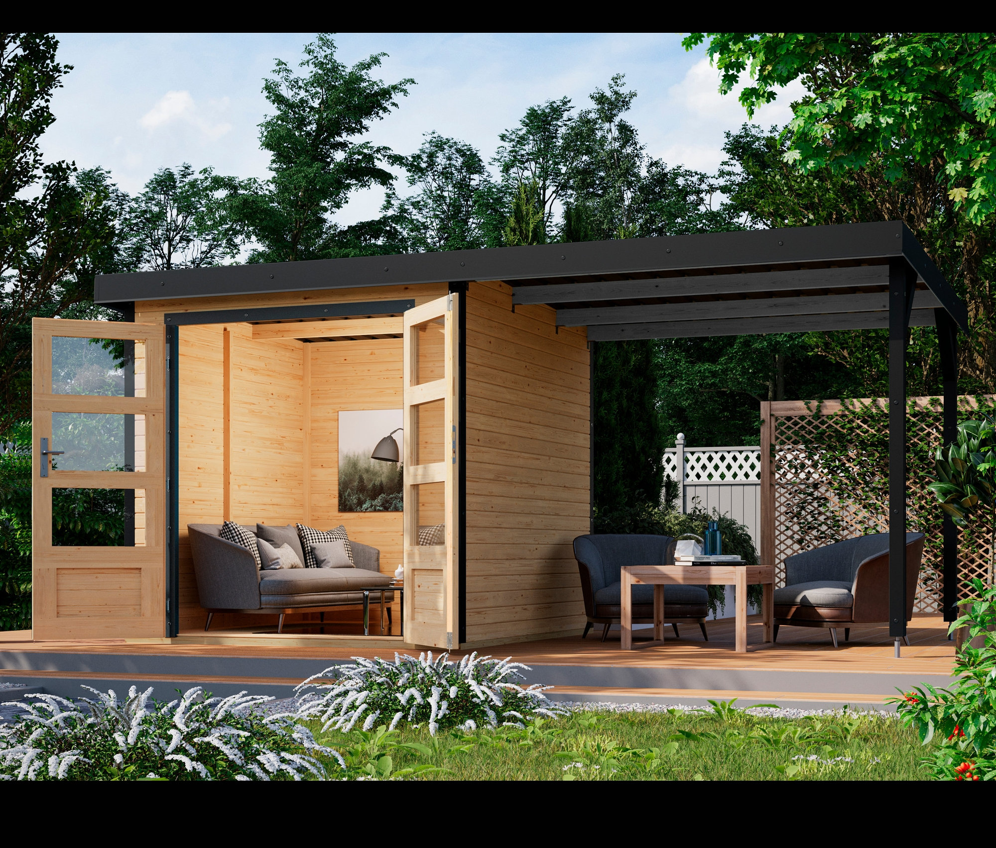 Offenes Karibu Gerätehaus mit Anbaudach, natur, 19mm (Venus A) mit Möbeln.