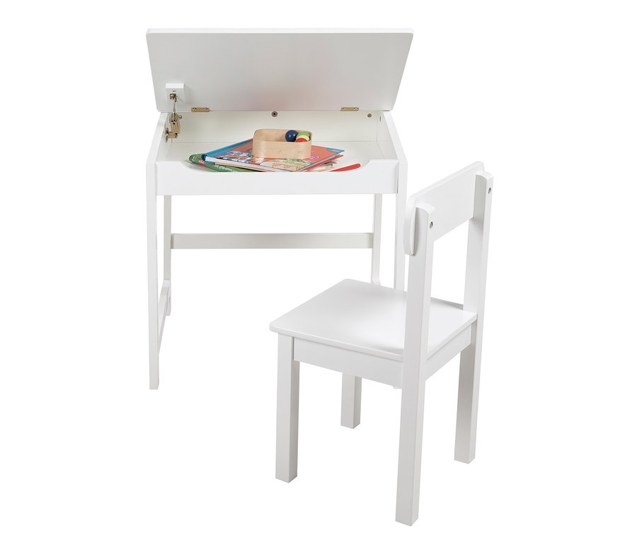 Weißer roba Schulpult mit Stuhl mit geöffneter Tischplatte, im Inneren Bücher und Spielzeug.