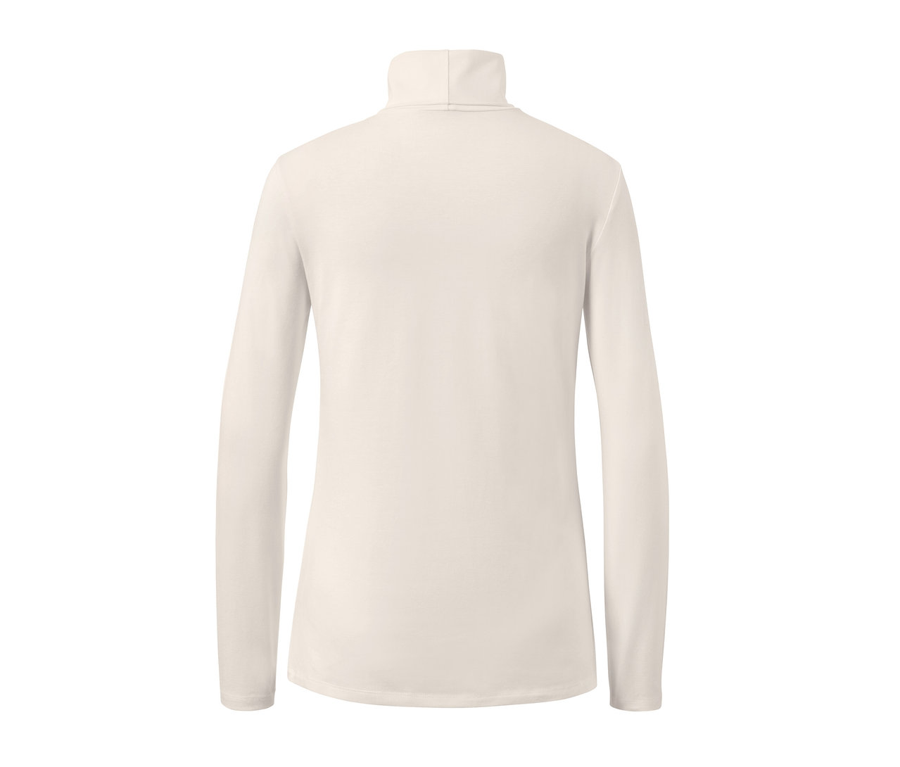 Cremeweißes Rollkragenshirt von hinten gezeigt.
