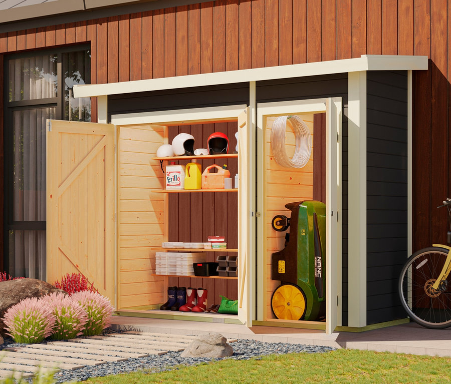 Offener Karibu Geräteschrank, 28 mm, mit gelagerten Geräten und einem gelben Fahrrad daneben.