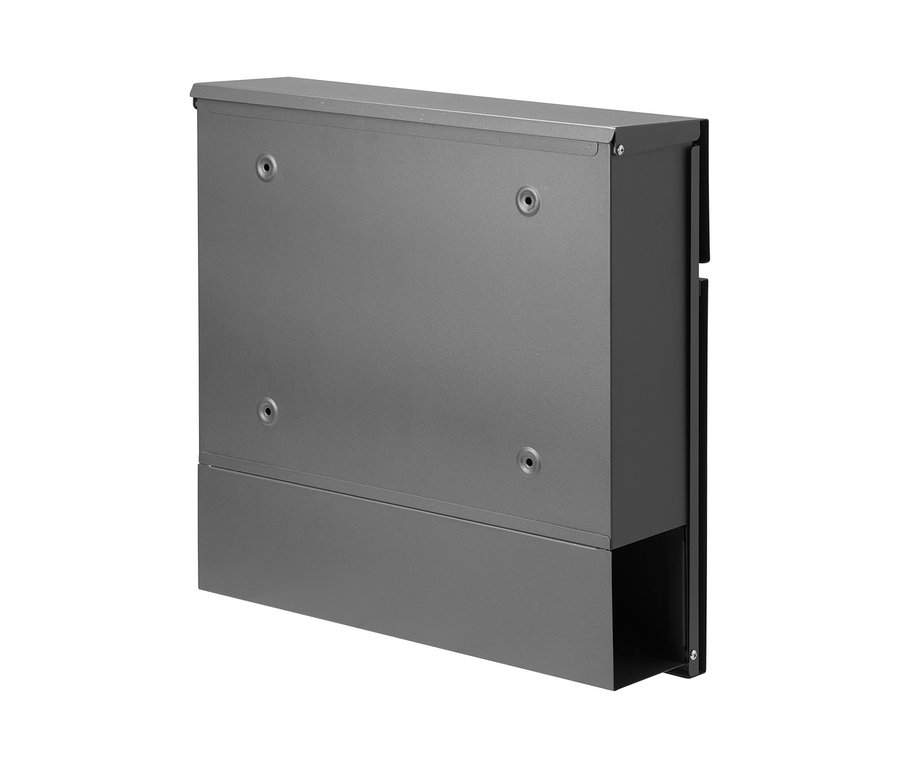 Detailansicht eines anthrazit-edelstahlfarbenen AMARE Briefkastens mit Zeitungsfach.