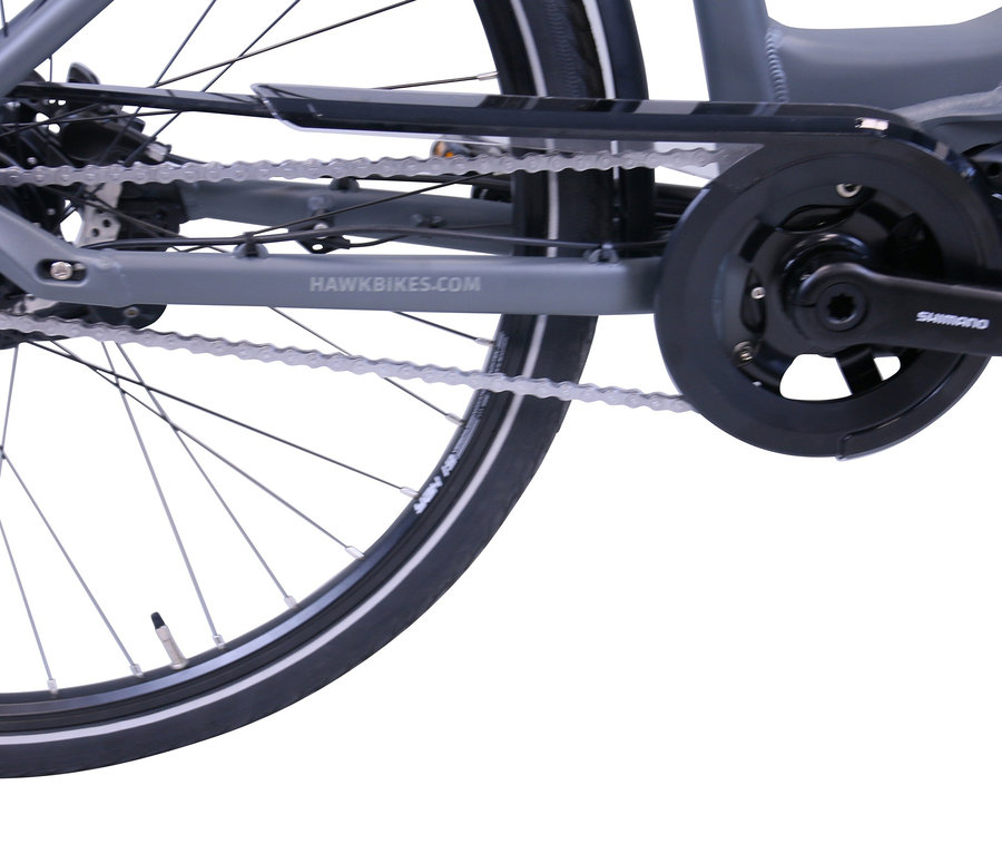 Detailaufnahme eines grauen HAWK Bikes E-Bike Damen »eCity Wave Integrated Lady STEPS« mit 28 Zoll und 44-cm-Rahmen.