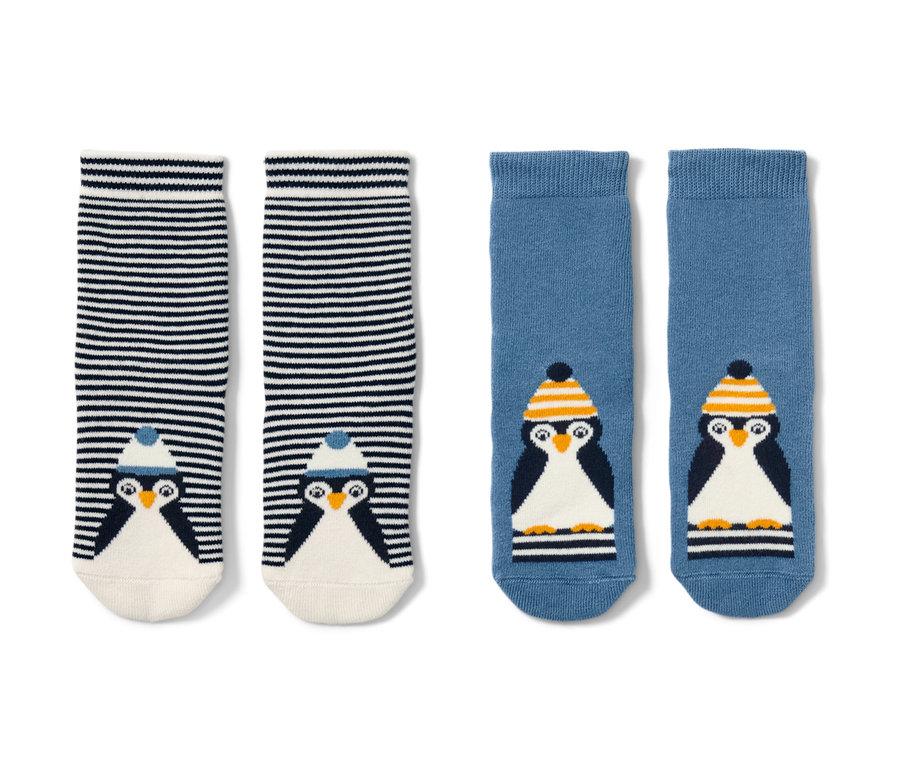 Zwei Paar Kleinkind-Antirutsch-Socken mit Pinguin-Motiv.