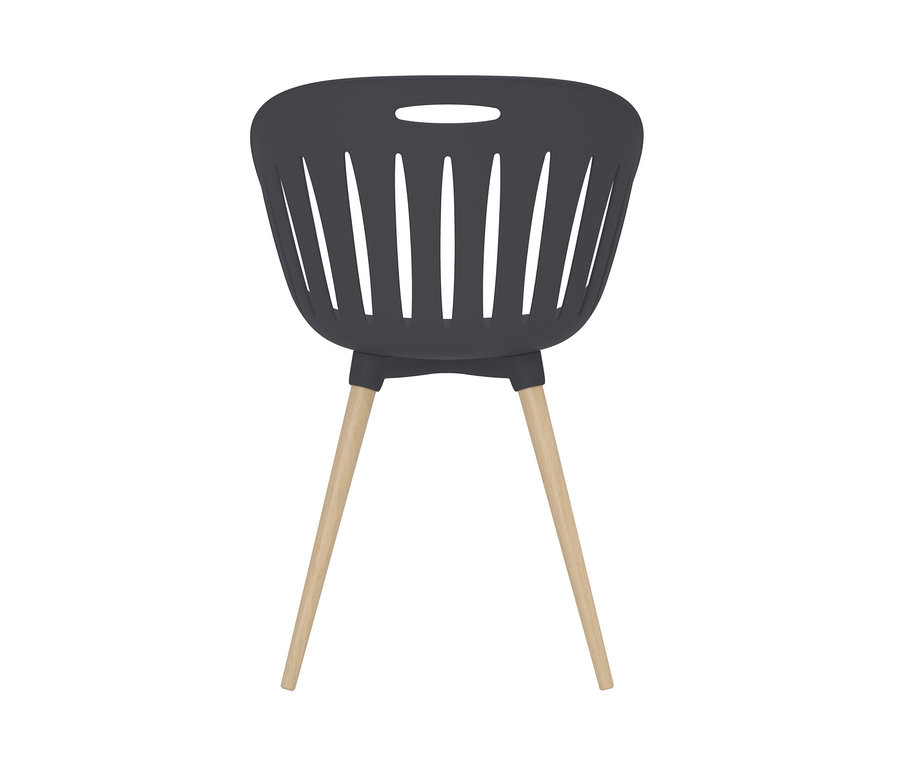Ein anthrazitfarbener Schalenstuhl mit vier Holzbeinen.