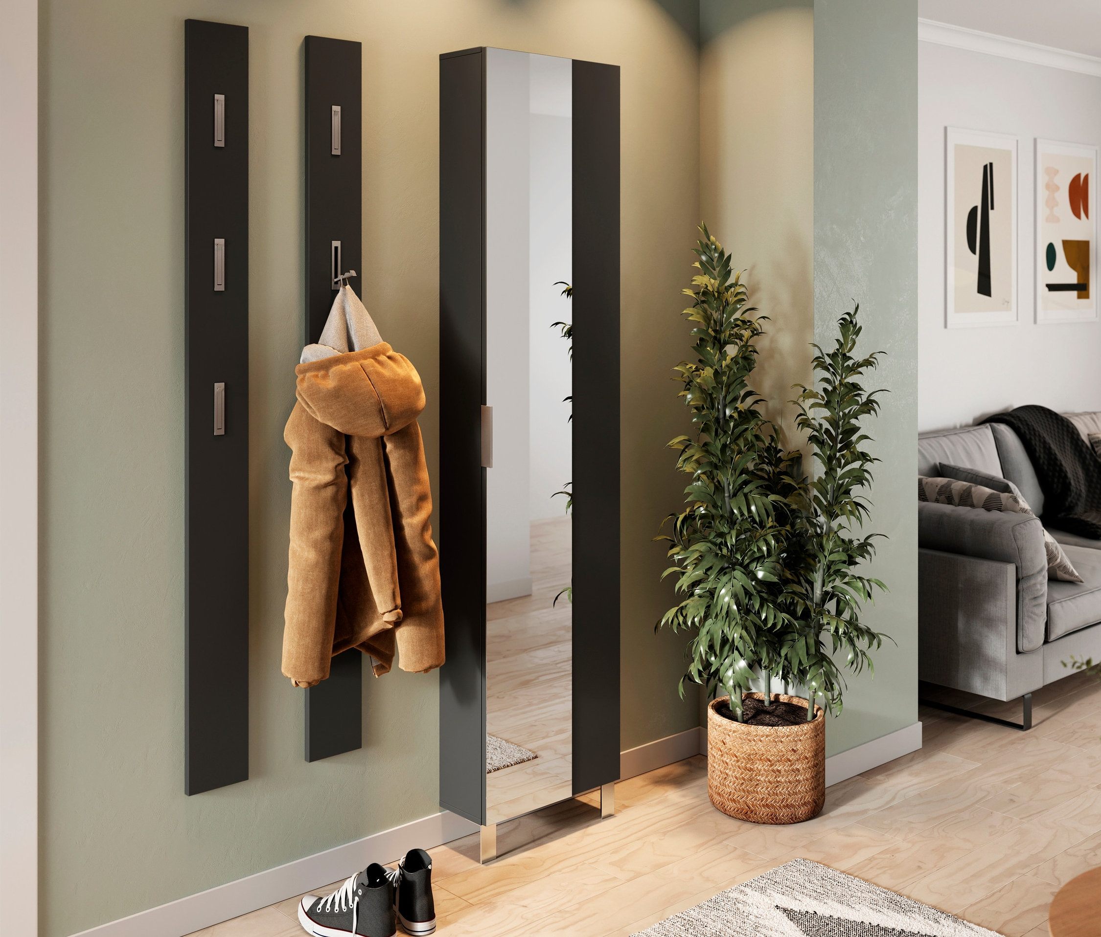 Eingangsbereich mit Schuhen, Jacke und Schuhschrank mit Spiegel.