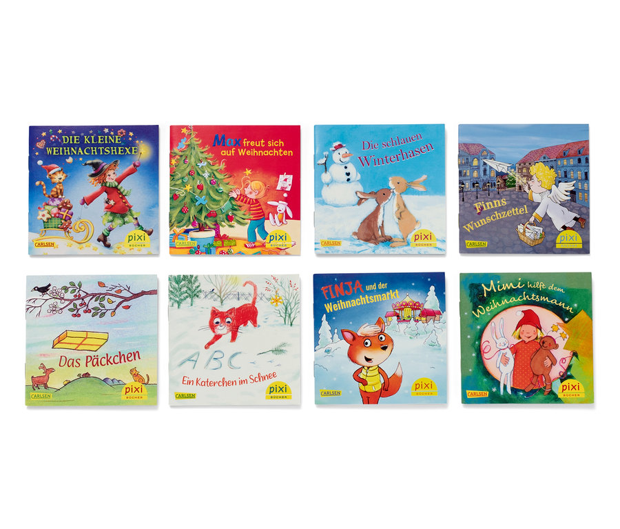 Acht Pixi-Weihnachtsbücher für Kinder, angeordnet in zwei Reihen. Bücherbox: »Pixis beste Weihnachtsdose«