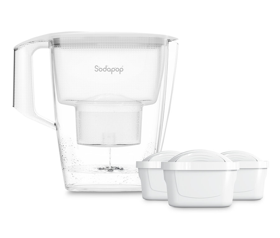 Ein durchsichtiger Sodapop Wasserfilter »Selina« mit drei Kartuschen.